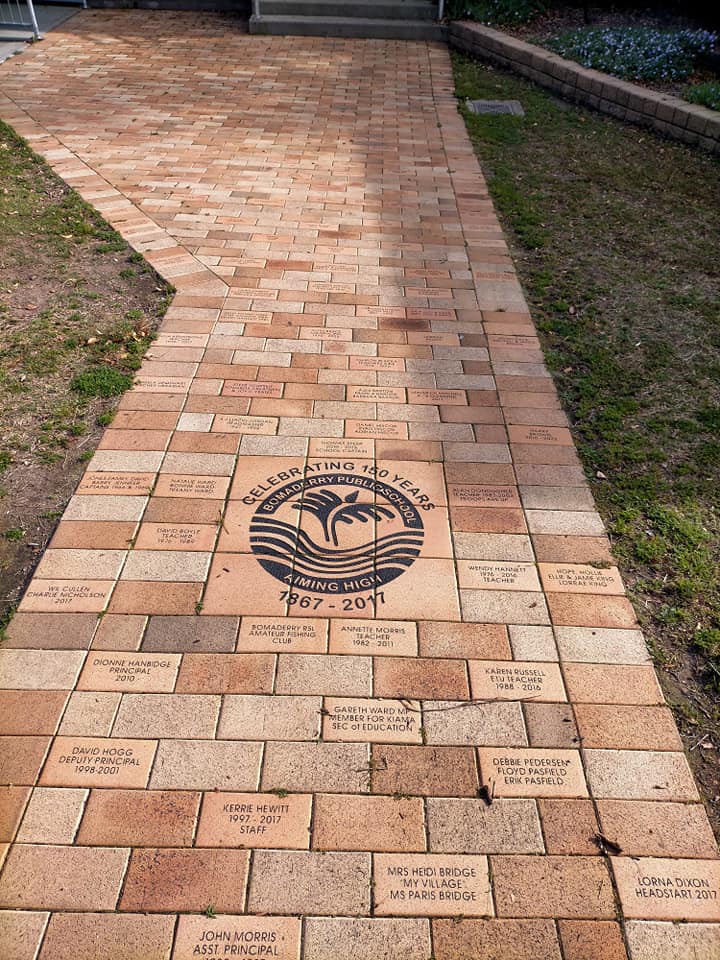 Engraved name bricks around a Bomaderry Public School 150 years paver