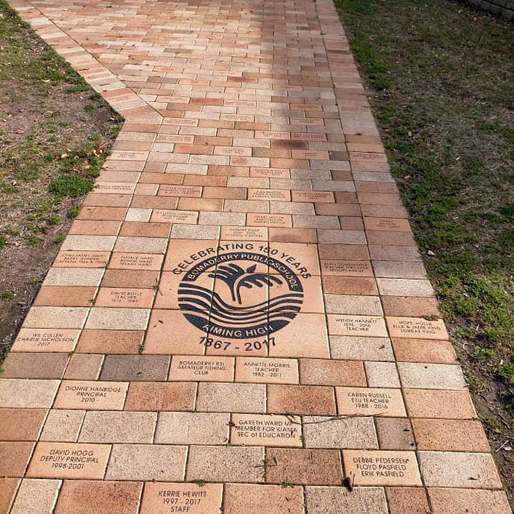 home-about4 Brick paved path with an engraved Bomaderry Public School Celebrating 150 Years paver